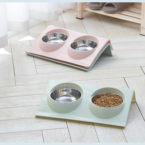 Dual Use Pet Bowl Food Class Plastic Stainless Stainless Pet Kitten Double Bowl Pot Sputtering Cat Feed